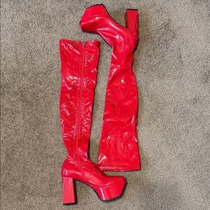 Glossy Red Patent Over-the-Knee Platform Boots